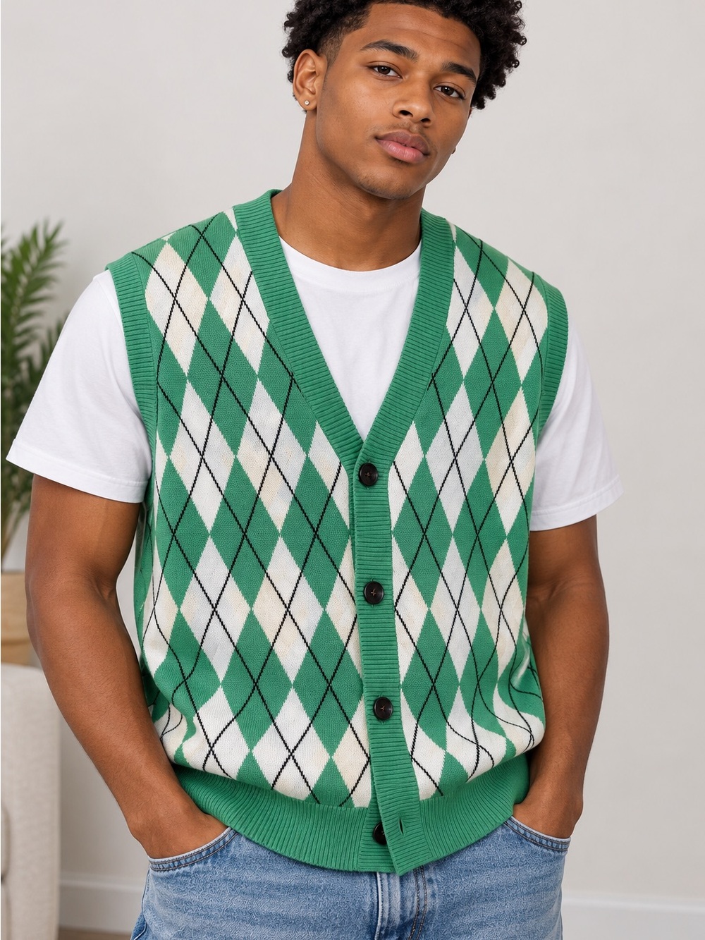 Argyle V-Neck Button Sweater Vest in Green and White - XL